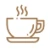 The image shows a simple, brown outline of a steaming coffee cup on a saucer.