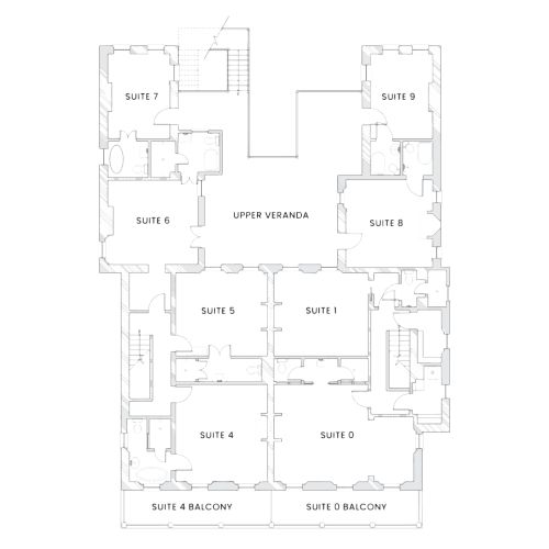 The image depicts a floor plan of the upper level with labeled suites and other rooms. The plan includes suites with balconies and additional spaces.