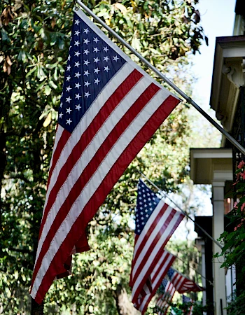 The image shows multiple American flags displayed on the side of buildings, with a background of green trees and clear daylight.